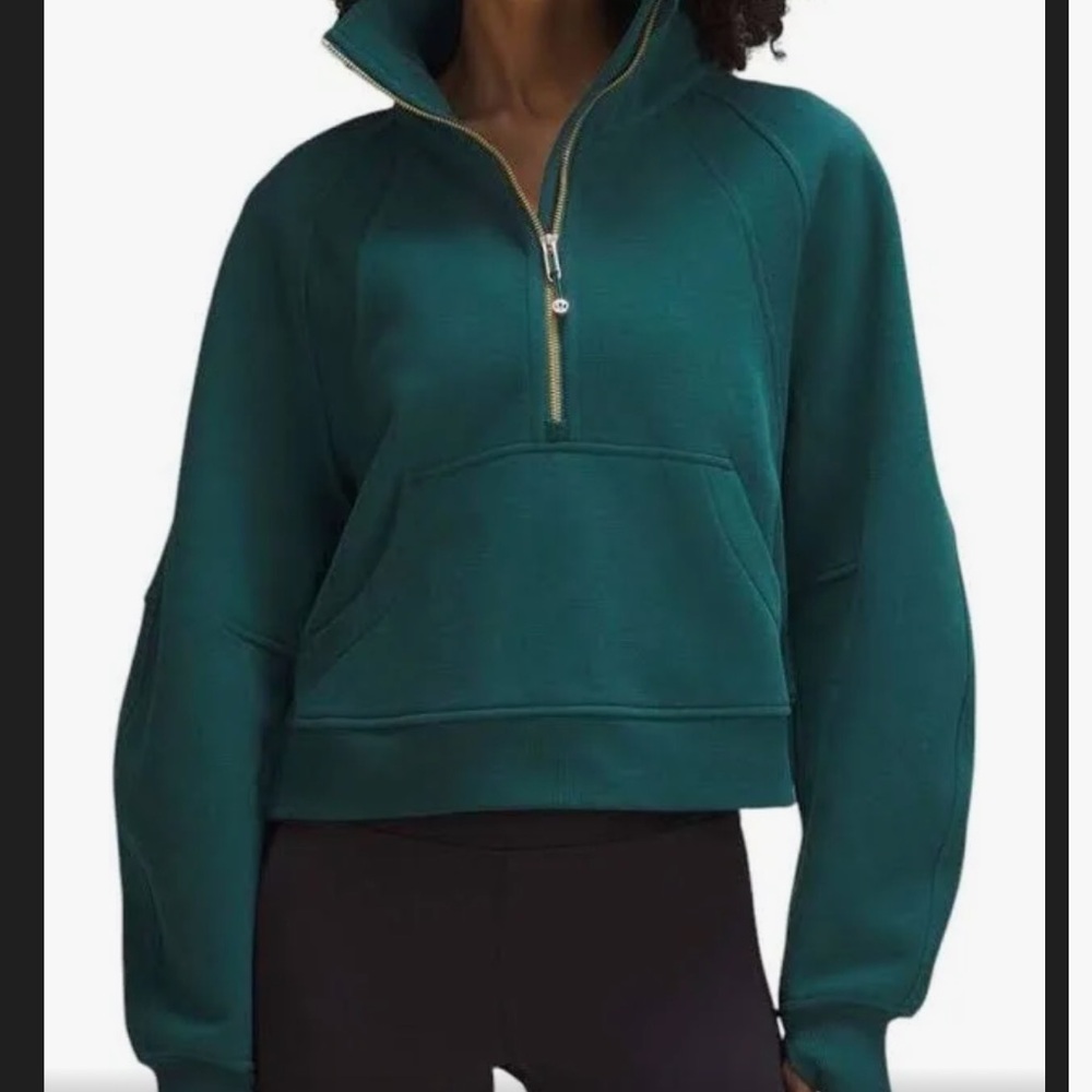 Lululemon storm teal scuba funnel neck with gold detail